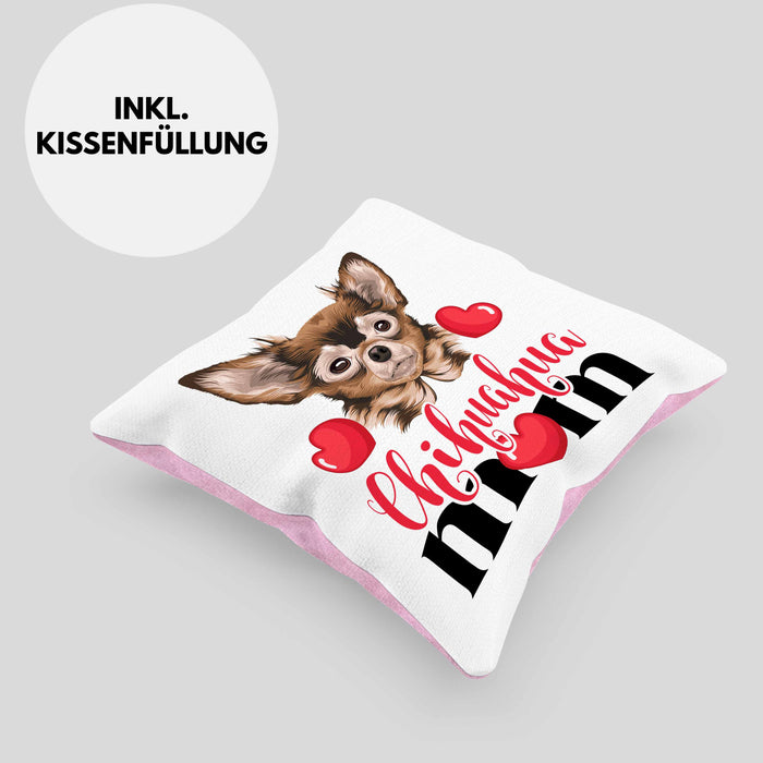 Chihuhahua Mom Mama Besitzer Kissen mit Füllung 40x40 Geschenkidee Frauchen Herrchen (Grau) Rosa Trendation