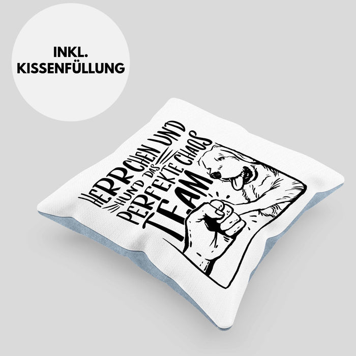 Herrchen Und Hund Das Perfekte Choas Team Kissen mit Füllung 40x40 Geschenk für Hundebesitzer Geschenkidee (Grau) Blau Trendation