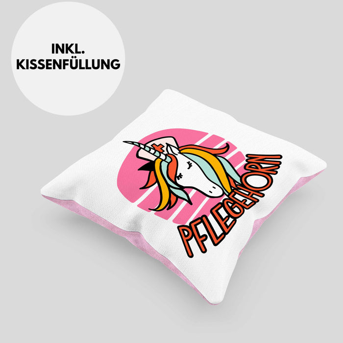 Lustige Pflege Geschenkidee für Pflegerinnen Kissen mit Füllung 40x40 Einhorn "Pflegehorn" Spruch (Grau) Rosa Trendation