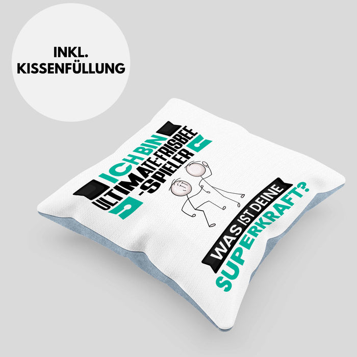 Ultimate-Frisbee-Spieler Kissen mit Füllung 40x40 Geschenk für Ultimate-Frisbee-Spieler Geburtstag Lustiger Spruch Was Ist Deine Superkraft (Grau) Blau Trendation