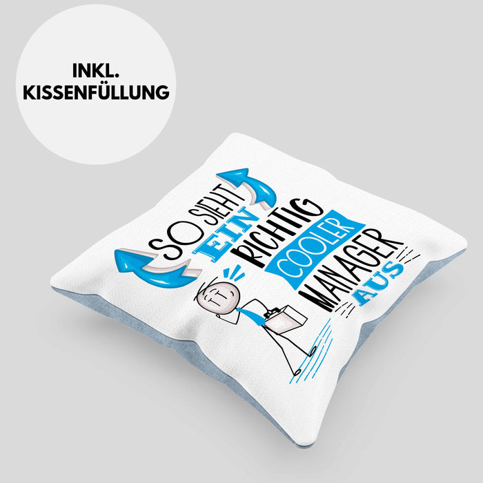 Manager Kissen mit Füllung 40x40 Geschenk So Sieht Ein RIchtig Cooler Manager Aus Geschenkidee Lustiger Spruch Geburtstag (Grau) Blau Trendation