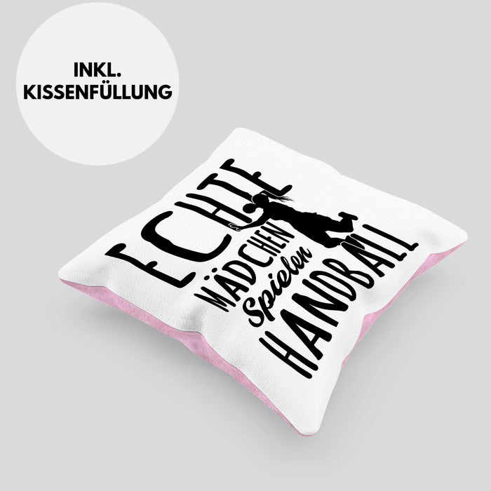 Mädchen Handball-Spielerin Kissen mit Füllung 40x40 Geschenk Spruch Echte Mädchen Spielen Handball Geschenkidee Frauen (Grau) Rosa Trendation