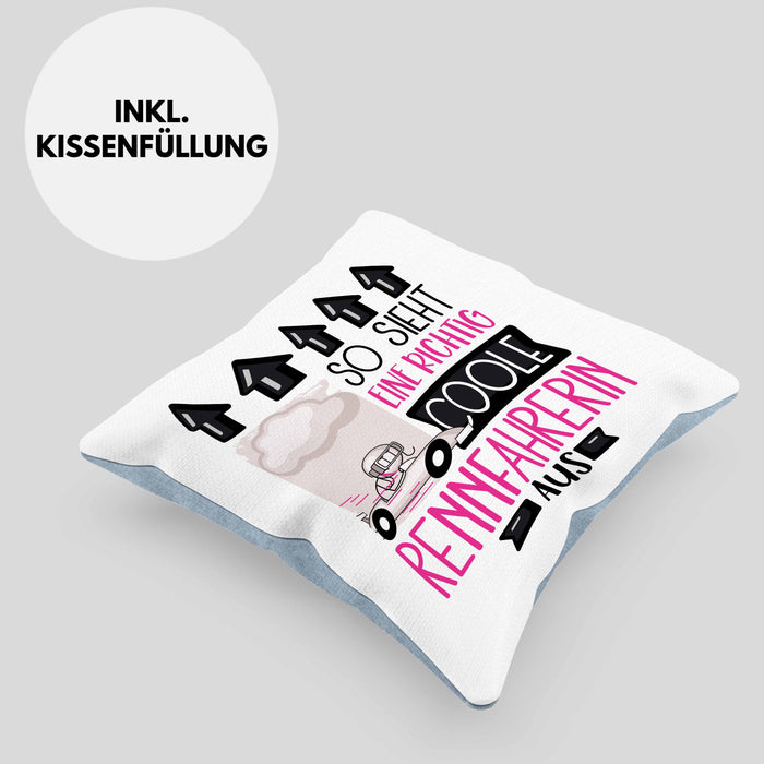 Rennfahrerin Geschenk Kissen mit Füllung 40x40 Lustig Geschenkidee für Rennfahrerin Geburtstag So Sieht Eine Richtig Coole Rennfahrerin Aus Frauen Spruch (Grau) Blau Trendation