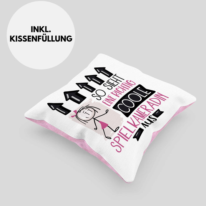 Spielkameradin Geschenk Kissen mit Füllung 40x40 Lustig Geschenkidee für Spielkameradin Geburtstag So Sieht Eine Richtig Coole Spielkameradin Aus Frauen Spruch (Grau) Rosa Trendation