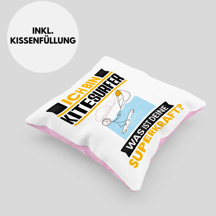 Kitesurfer Kissen mit Füllung 40x40 Geschenk für Kitesurfer Geburtstag Lustiger Spruch Was Ist Deine Superkraft (Grau) Rosa Trendation