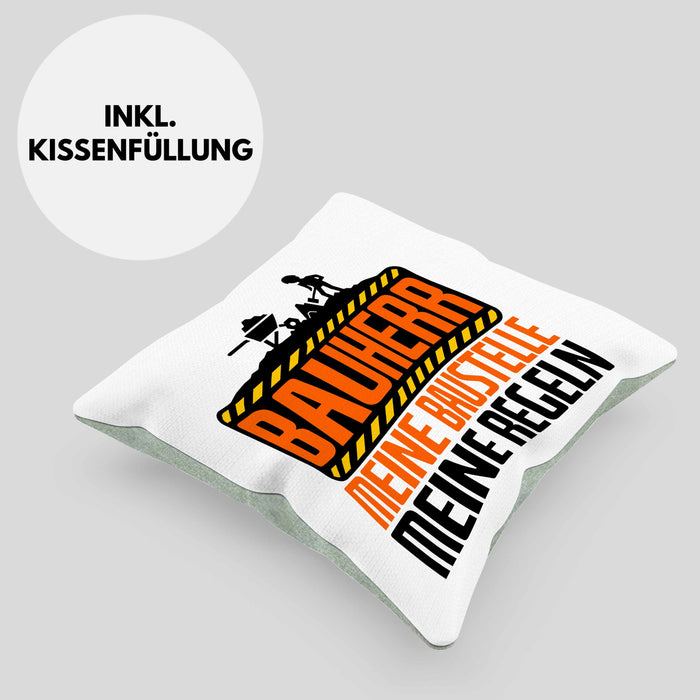 Bauherr Kissen mit Füllung 40x40 "Meine Baustelle, Meine Regeln" Lustiges Geschenk für Bauherren (Grau) Grün Trendation