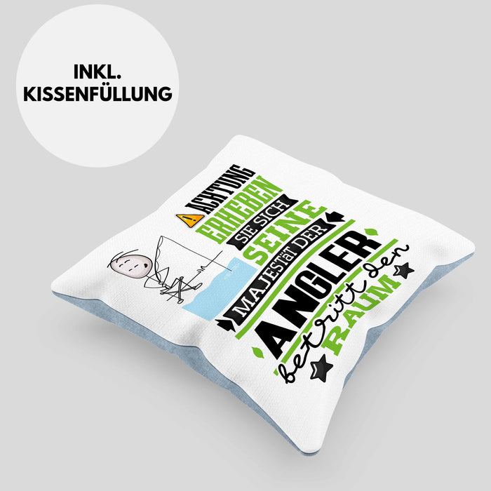 Angler Geschenk Kissen mit Füllung 40x40 Lustiger Spruch Erheben Sie Sich Der Angler Betritt den Raum (Grau) Blau Trendation