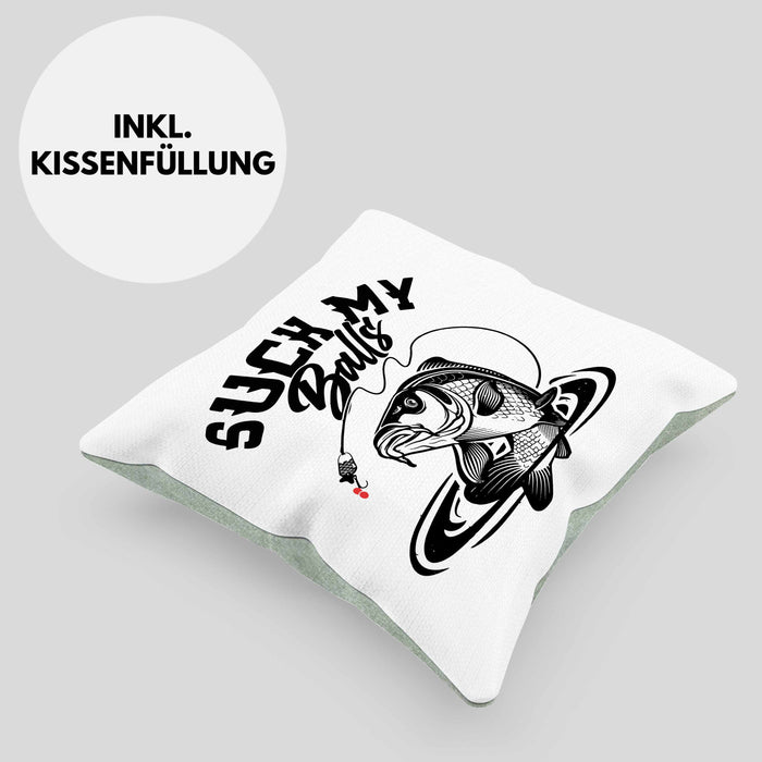Fischer Karpfen Angler Geschenk Kissen mit Füllung 40x40 Fischer Fisch Suck My Balls Anglergeschenke (Grau) Grün Trendation