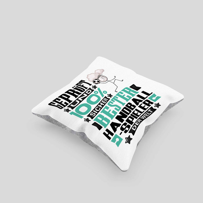 Handballspieler Geschenk Lustiger Spruch für Handballspieler Geschenkidee Bester Handballspieler Der WeltKissen mit Füllung 40x40 (Grau) Grau Trendation