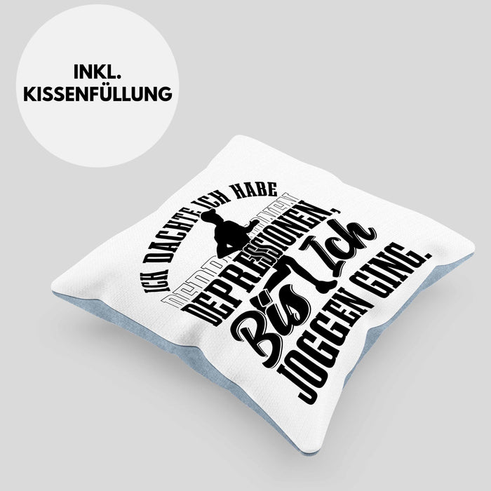 Joggen Geschenk Kissen mit Füllung 40x40 Spruch Ich Dachte Ich Habe Depressionen Bis Ich Joggen War Geschenkidee Jogger (Grau) Blau Trendation