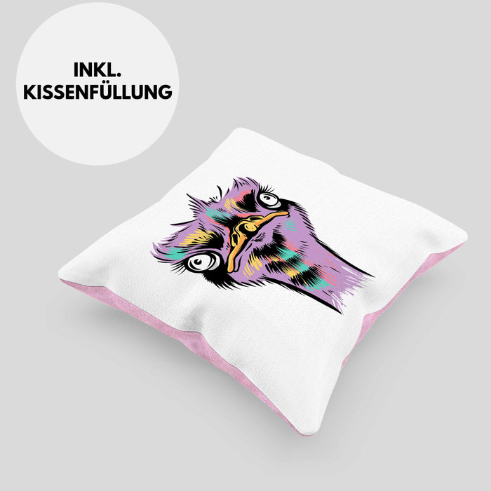 Lustige Strauß Vogel Kissen mit Füllung 40x40 Geschenk für Safari-Liebhaber (Grau) Rosa Trendation