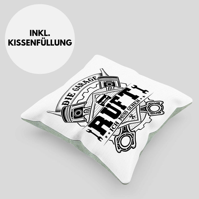 KFZ Mechaniker Kissen mit Füllung 40x40 Geschenk Spruch Männer KFZ Mechatroniker Geschenkidee Werkstatt Die Garage Ruft (Grau) Grün Trendation