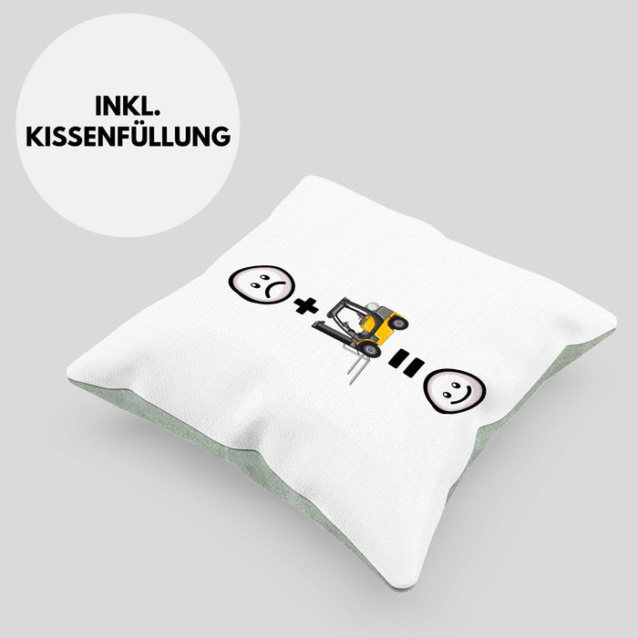 Gabelstapler Kissen mit Füllung 40x40 Geschenk für Lagerist Lagerarbeiter Lustige Geschenkidee :( + Gabelstapler = :) (Grau) Grün Trendation