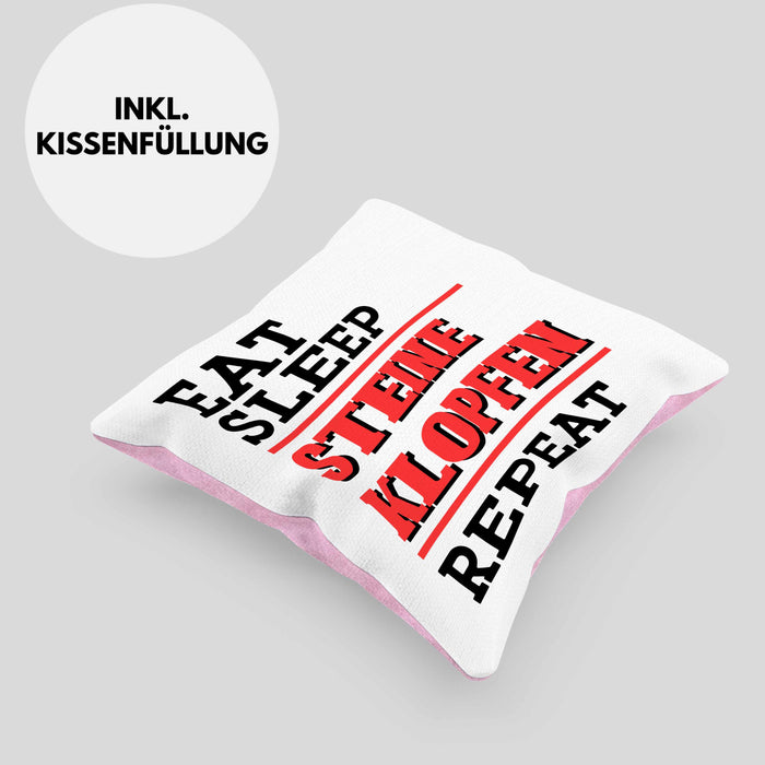 Steinmetz Kissen mit Füllung 40x40 Geschenk Spruch Geschenkidee Eat Sleep Steine Klopfen Repeat (Grau) Rosa Trendation