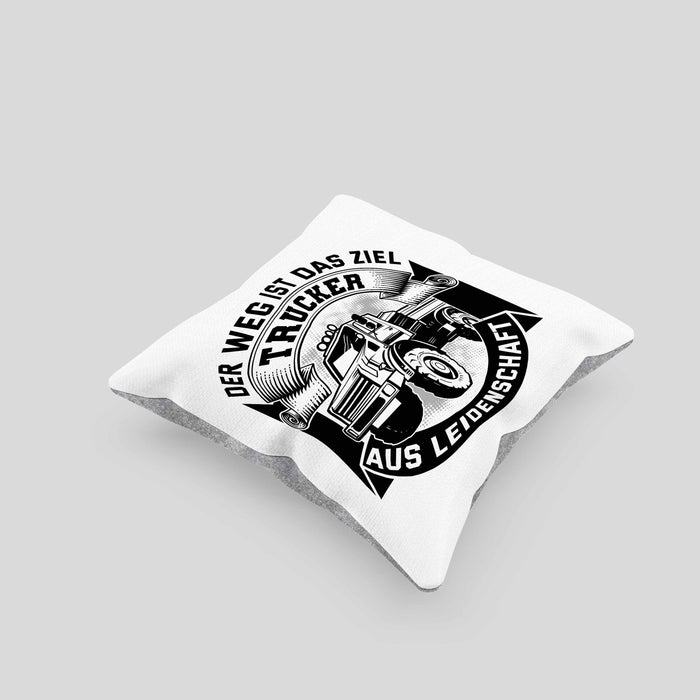 Trucker Geschenk Kissen mit Füllung 40x40 Der Weg Ist Das Ziel Trucker LKW Fahrer Geschenkidee (Grau) Grau Trendation