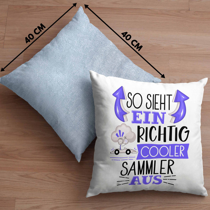 So Sieht Ein Richtig Cooler Sammler Aus Geschenk Kissen mit Füllung 40x40 Lustiger Spruch Geschenkidee (Grau) Blau Trendation