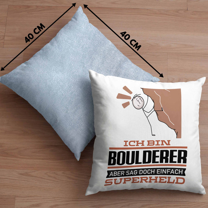 Boulderer Geschenk Kissen mit Füllung 40x40 Ich Bin Boulderer Aber Sag Doch Einfach Superheld Lustige Geschenkdiee für Boulderer (Grau) Blau Trendation