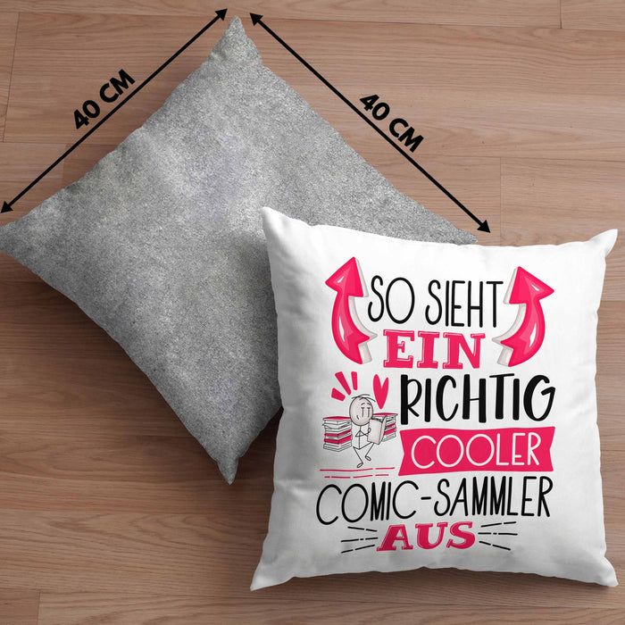 So Sieht Ein Richtig Cooler Comic-Sammler Aus Geschenk Kissen mit Füllung 40x40 Lustiger Spruch Geschenkidee (Grau) Grau Trendation