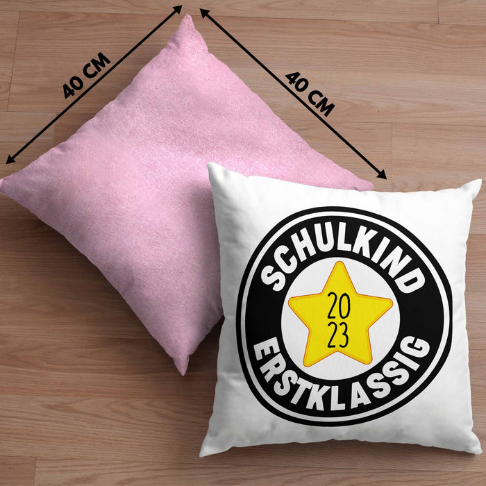 Schulkind Erstklassig Einschulung Junge Mädchen Geschenk Schultüte Füllung Kissen mit Füllung 40x40 Schulstart 1. Schultag Schuleinführung Schulanfang Geschenkidee Schulkind 2024 (Grau) Rosa Trendation