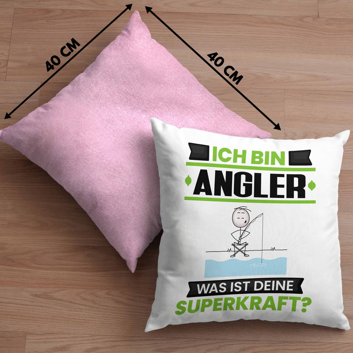 Angler Kissen mit Füllung 40x40 Geschenk für Angler Geburtstag Lustiger Spruch Was Ist Deine Superkraft (Grau) Rosa Trendation