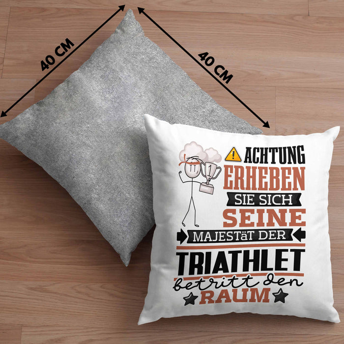 Triathlet Geschenk Kissen mit Füllung 40x40 Lustiger Spruch Erheben Sie Sich Der Triathlet Betritt den Raum (Grau) Grau Trendation