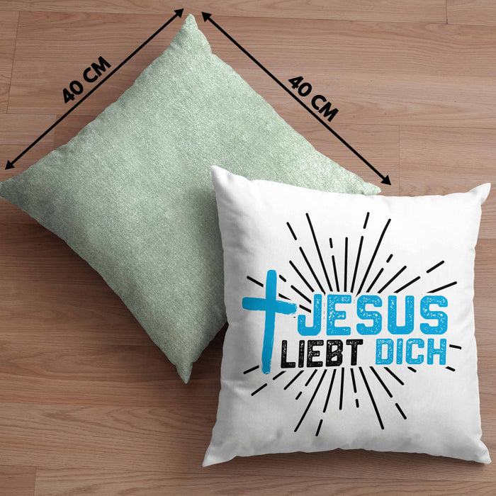 Jesus Liebt Dich Kissen mit Füllung 40x40 Geschenk Ostern Christentum Kirche Gläubiger Geschenkidee Häferl (Grau) Grün Trendation