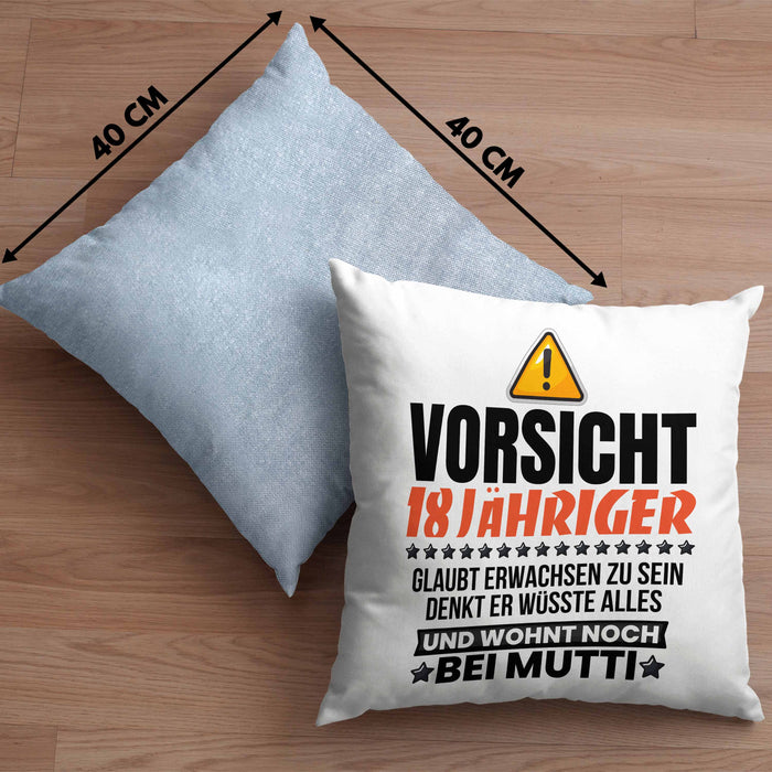 18. Geburtstag Kissen mit Füllung 40x40 Geschenk Jungs Männer Vorsicht 18 Jähriger Glaubt Erwachsen Zu Sein Wohnt Noch Bei Mutti (Grau) Blau Trendation