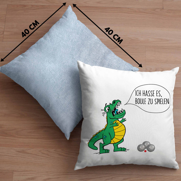Boule Kissen mit Füllung 40x40 Geschenk Boule-Spieler Geschenkidee Spruch T-Rex Dino Ich Hasse Boule Spielen (Grau) Blau Trendation