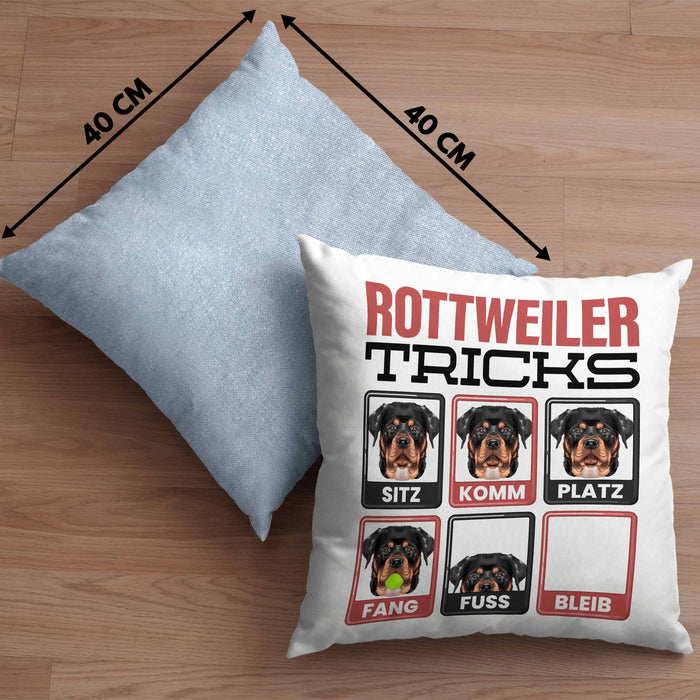 Rottweiler Besitzer Kissen mit Füllung 40x40 Geschenk Lustiger Spruch Geschenkidee Rottweiler Tricks Bleib (Grau) Blau Trendation