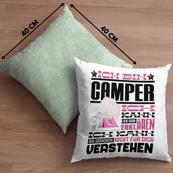 Camper Geschenk Kaffee-Kissen mit Füllung 40x40 Geschenkidee für Camper Ich Bin Camper Ich Kann Es Dir Erklären Jedoch Nicht Für Dich Verstehen Spruch Lustig (Grau) Grün Trendation