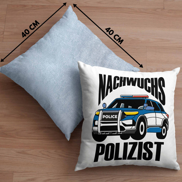 Einschulung Kissen mit Füllung 40x40 für Jungs - "Nachwuchs Polizist" Geschenk kleine Schulanfänger (Grau) Blau Trendation