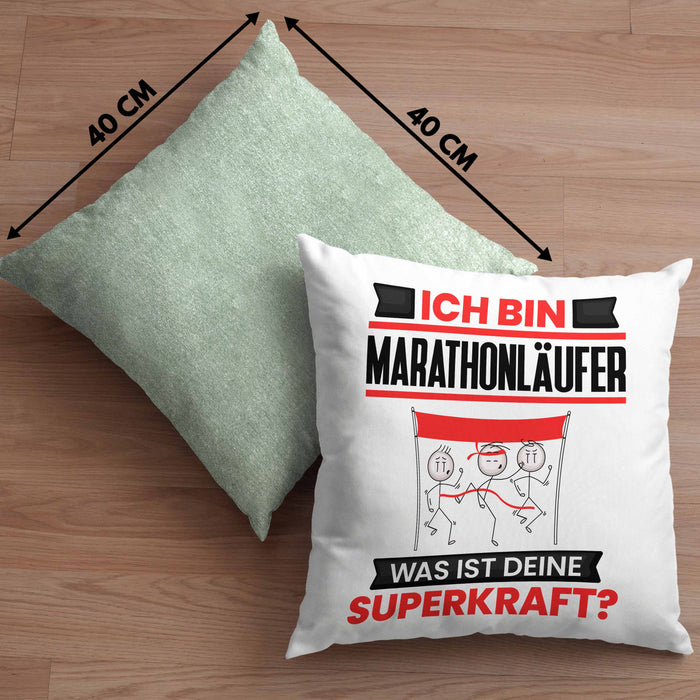 Marathonläufer Kissen mit Füllung 40x40 Geschenk für Marathonläufer Geburtstag Lustiger Spruch Was Ist Deine Superkraft (Grau) Grün Trendation