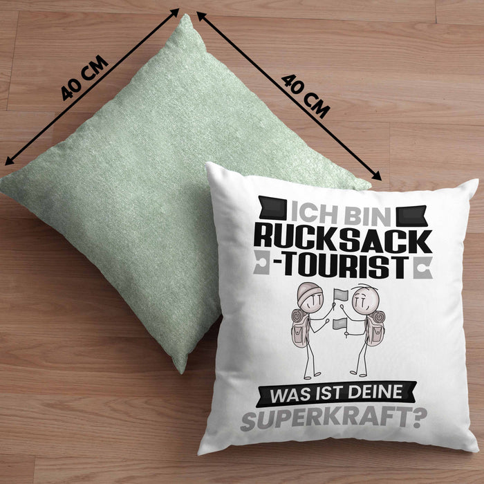 Rucksacktourist Kissen mit Füllung 40x40 Geschenk für Rucksacktourist Geburtstag Lustiger Spruch Was Ist Deine Superkraft (Grau) Grün Trendation