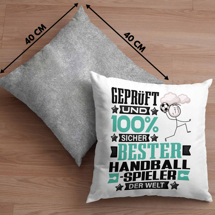 Handballspieler Geschenk Lustiger Spruch für Handballspieler Geschenkidee Bester Handballspieler Der WeltKissen mit Füllung 40x40 (Grau) Grau Trendation