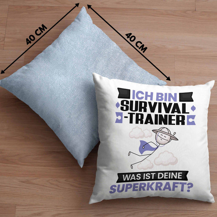 Survival-Trainer Kissen mit Füllung 40x40 Geschenk für Survival-Trainer Geburtstag Lustiger Spruch Was Ist Deine Superkraft (Grau) Blau Trendation