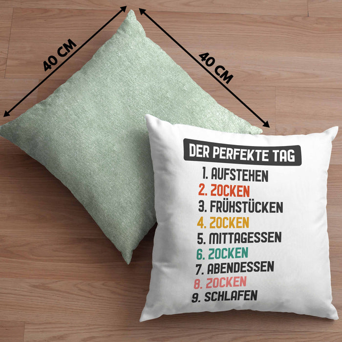 Zocker Gamer Kissen mit Füllung 40x40 mit Spruch Geschenk Junge Jungs Gaming Der Perfekte Tag (Grau) Grün Trendation