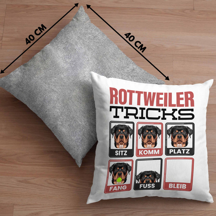 Rottweiler Besitzer Kissen mit Füllung 40x40 Geschenk Lustiger Spruch Geschenkidee Rottweiler Tricks Bleib (Grau) Grau Trendation