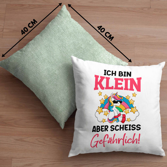 Klein Aber Sch Gefährlich Lustige Einhorn Kissen mit Füllung 40x40 mit Spruch Geschenkidee Einhornfans Sprüche Frauen (Grau) Grün Trendation