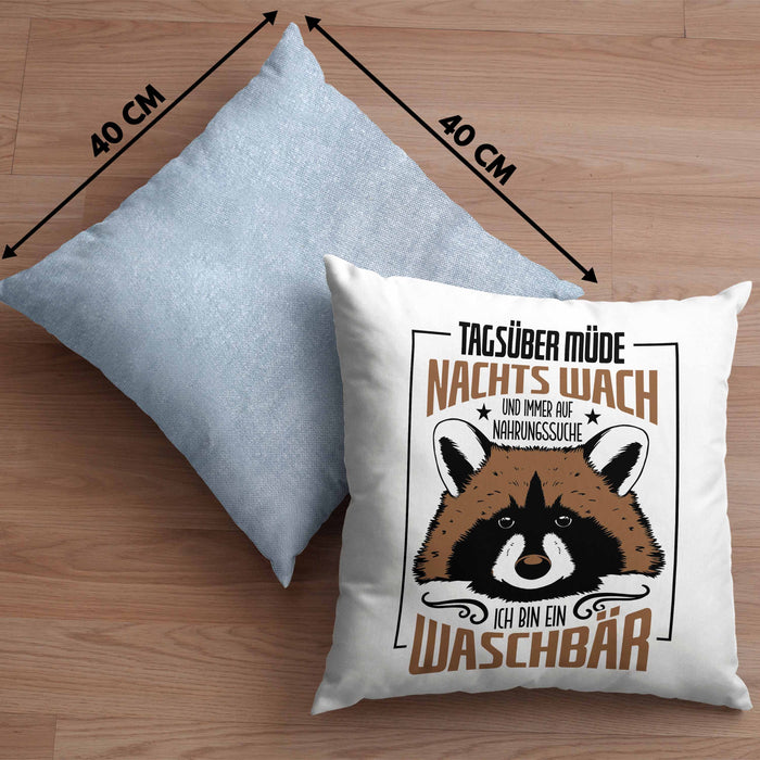 Waschbär Kissen mit Füllung 40x40 Geschenk Tagsüber Müde Nachts Wach Lustiger Spruch Frauen Nachtaktiv (Grau) Blau Trendation