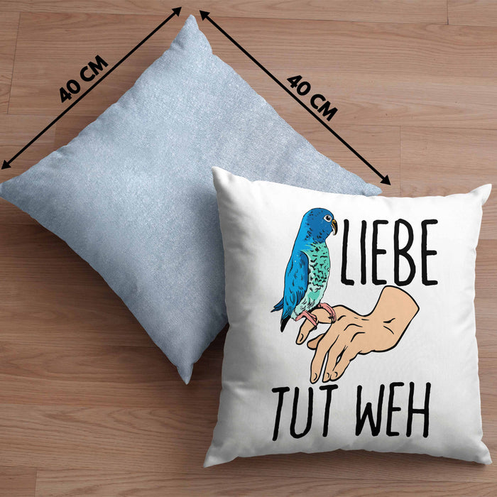 Lustige Wellensittich-Kissen mit Füllung 40x40 Geschenk für Wellensittich-Besitzer Liebe Tut Weh (Grau) Blau Trendation