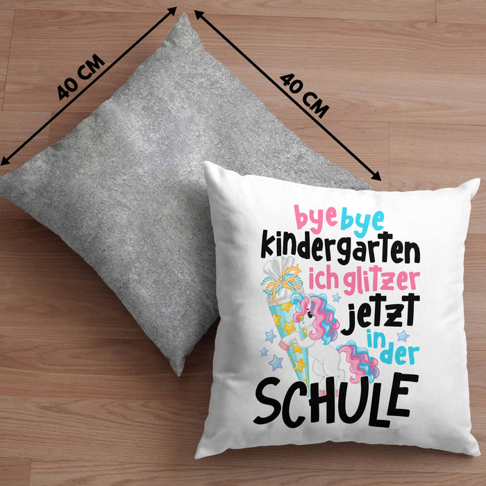 Bye Bye Kindergarten Einschulung Mädchen Geschenk Kissen mit Füllung 40x40 Schulstart 1. Schultag Schuleinführung Schulanfang Geschenkidee 2024 Schulkind Ich Glitzer Jetzt In Der Schule (Grau) Grau Trendation