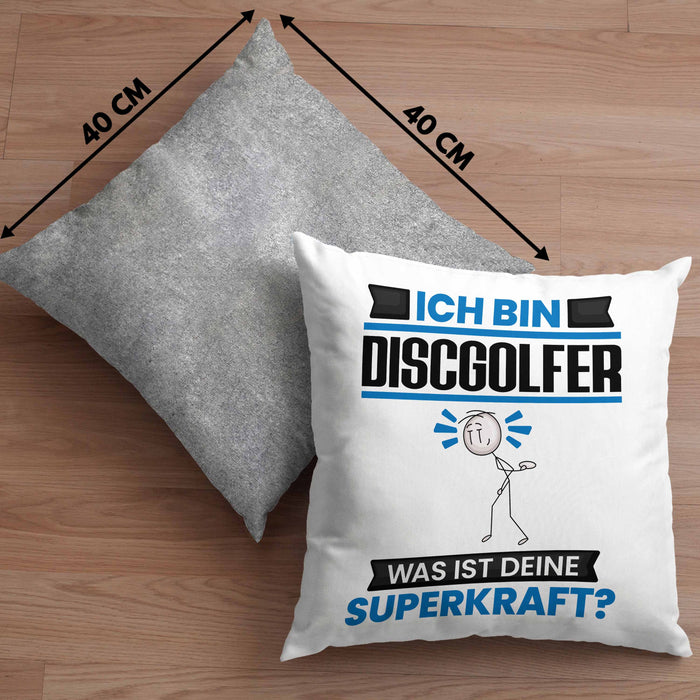 Discgolfer Kissen mit Füllung 40x40 Geschenk für Discgolfer Geburtstag Lustiger Spruch Was Ist Deine Superkraft (Grau) Grau Trendation