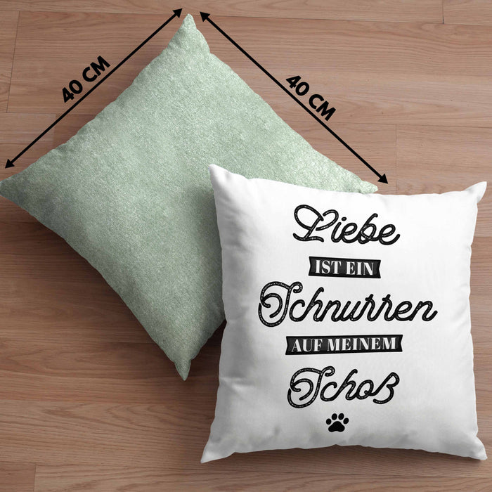 Katze Kissen mit Füllung 40x40 Geschenk Spruch Geschenkidee für Katzen-Mama Papa Katzenliebhaber Liebe Ist Ein Schnurren Auf Meinem Schoß (Grau) Grün Trendation
