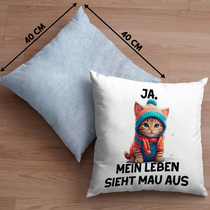Dank Meme Kissen mit Füllung 40x40 Katzen Besitzer Wortspiel Ja Mein Leben Sieht Mau Aus Traurige Katze Geschenkidee Süße Katze (Grau) Blau Trendation