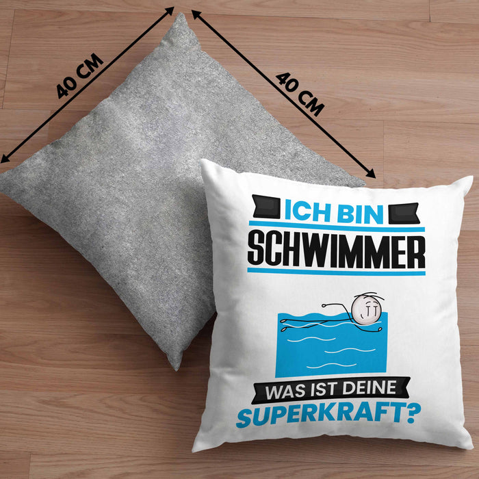Schwimmer Kissen mit Füllung 40x40 Geschenk für Schwimmer Geburtstag Lustiger Spruch Was Ist Deine Superkraft (Grau) Grau Trendation