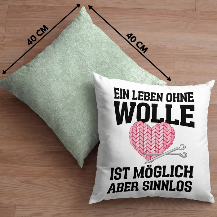 Häkeln Zubehör Kissen mit Füllung 40x40 Geschenk Stricken Geschenke Häkel Oma Mama Ein Leben Ohne Wolle (Grau) Grün Trendation
