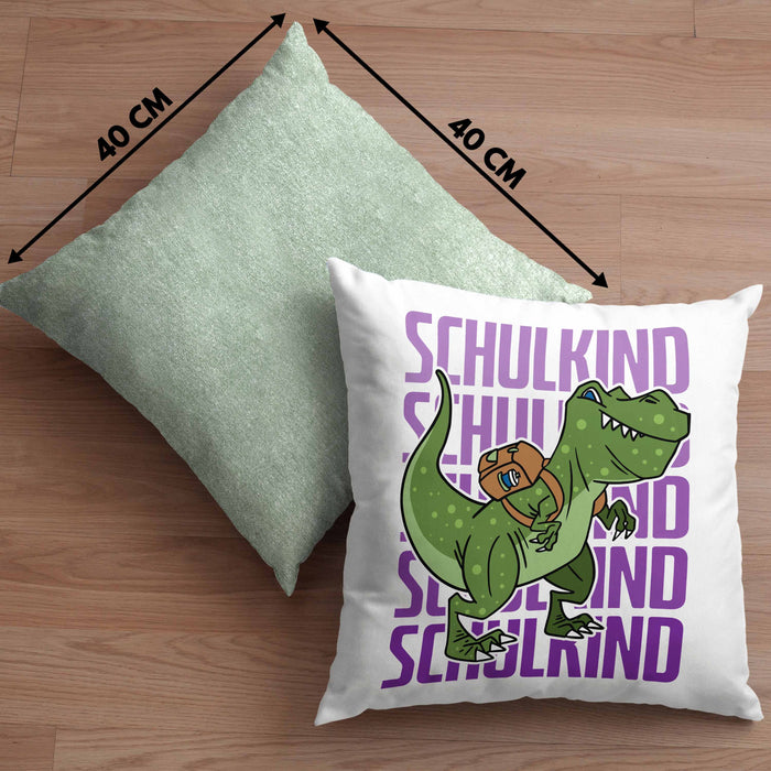 Einschulung Kissen mit Füllung 40x40 Geschenk Jungs Erster Schultag: Lustige T-Rex Dino Kissen mit Füllung 40x40 für Schulkind (Grau) Grün Trendation