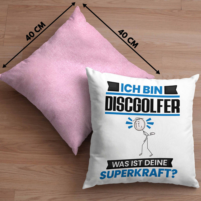 Discgolfer Kissen mit Füllung 40x40 Geschenk für Discgolfer Geburtstag Lustiger Spruch Was Ist Deine Superkraft (Grau) Rosa Trendation