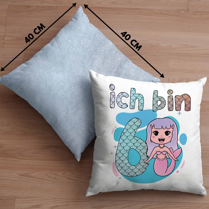 6. Geburtstag Mädchen Geschenk Meerjungfrau Geschenk Kissen mit Füllung 40x40 für Mädchen Nymphe Nixe Grafik (Grau) Blau Trendation