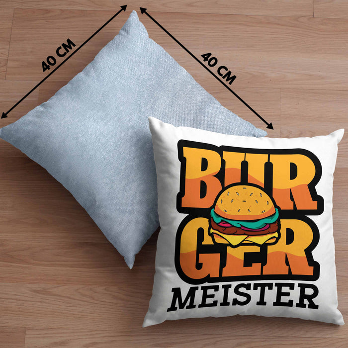Burger Meister Kissen mit Füllung 40x40 Geschenk Spruch Grillen Sommer Burger Liebhaber Geschenkidee Cheeseburger (Grau) Blau Trendation